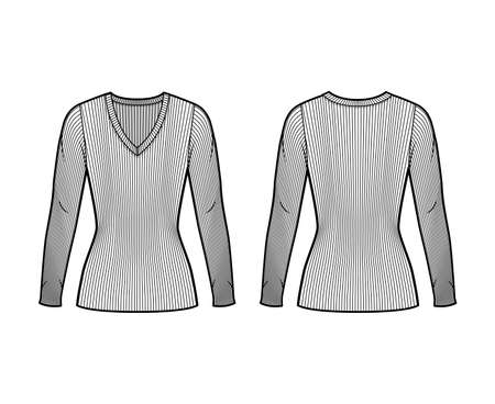 Ribbed V-neck knit sweater technical fashion illustration with long sleeves, close-fitting shape tunic length. Flat outwear apparel template front back white color. Women men unisex shirt top mockupのイラスト素材
