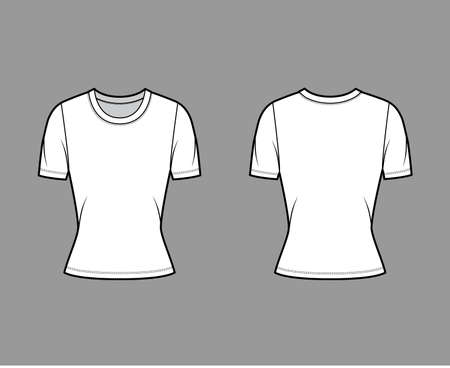 Crew neck jersey t-shirt technical fashion illustration with short sleeves, close-fitting shape. Flat sweater apparel template front, back white color. Women, men, unisex outfit top CAD mockupのイラスト素材