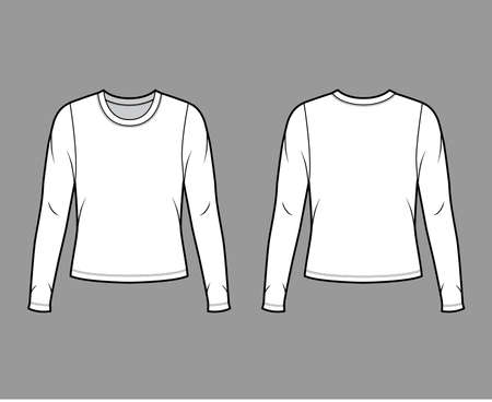 Crew neck jersey sweater technical fashion illustration with long sleeves, oversized body. Flat outwear apparel template front back white color. Women men unisex shirt top CAD mockupのイラスト素材