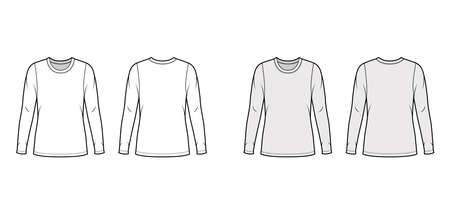 Crew neck jersey sweater technical fashion illustration with long sleeves, oversized body tunic length. Flat outwear apparel template front back white grey color. Women men unisex shirt top CAD mockupのイラスト素材