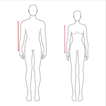 Women and men to do sleeve length measurement fashion Illustration for size chart. 7.5 head size girl and boy for site or online shop. Human body infographic template for clothes.のイラスト素材