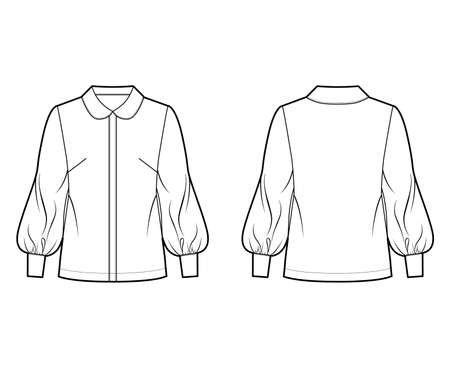 Long bishop sleeve shirt technical fashion illustration with round collar, front button-fastening, loose silhouette. Flat blouse apparel template front back white color. Women, men unisex top mockupのイラスト素材