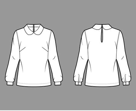 Round collar blouse technical fashion illustration with loose silhouette, long shirt sleeve, back button-fastening keyhole. Flat apparel template front back white color. Women, men unisex top mockupのイラスト素材
