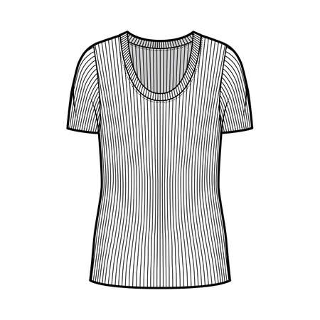 Ribbed scoop neck knit sweater technical fashion illustration with short rib sleeves, oversized body tunic length. Flat outwear apparel template front white color. Women men unisex shirt top mockupのイラスト素材