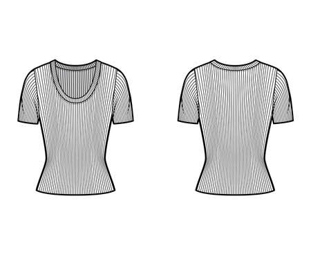 Ribbed scoop neck knit sweater technical fashion illustration with short rib sleeves, close-fitting shape. Flat outwear apparel template front back white color. Women, men, unisex shirt top CAD mockupのイラスト素材