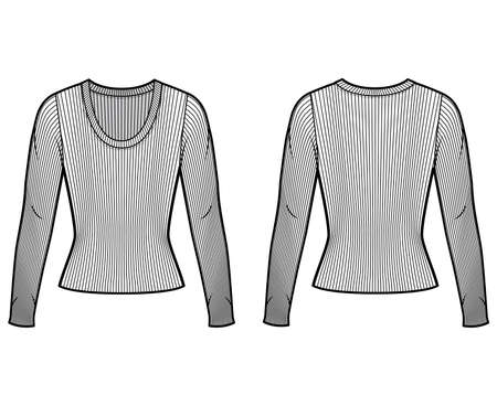 Ribbed scoop neck knit sweater technical fashion illustration with long sleeves, close-fitting shape. Flat outwear apparel template front, back white color. Women men, unisex shirt top CAD mockupのイラスト素材