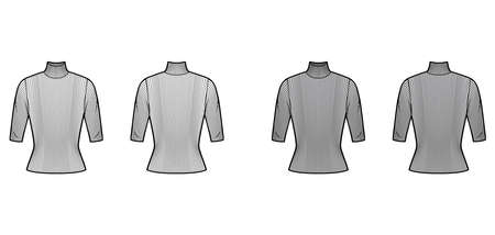 Turtleneck ribbed-knit sweater technical fashion illustration with elbow sleeves, close-fitting shape. Flat sweater apparel template front back white grey color. Women, men unisex shirt top CAD mockupのイラスト素材