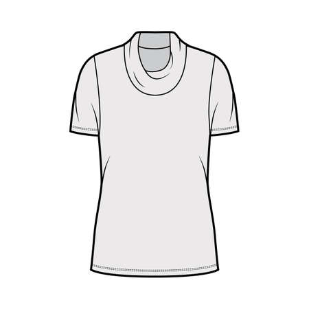 Cowl turtleneck jersey sweater technical fashion illustration with short sleeves, oversized body tunic length. Flat outwear apparel template front grey color. Women men unisex shirt top CAD mockupのイラスト素材