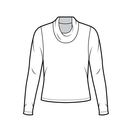 Cowl turtleneck jersey sweater technical fashion illustration with long sleeves, oversized body. Flat outwear apparel template front white color. Women men unisex shirt top CAD mockupのイラスト素材