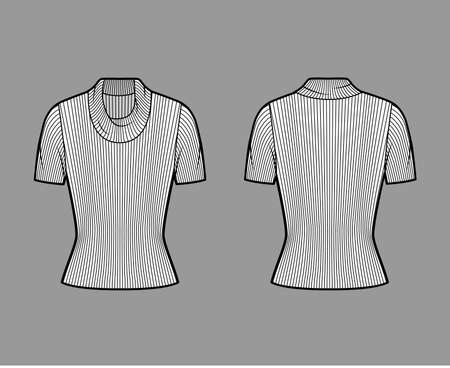 Ribbed cowl turtleneck knit sweater technical fashion illustration with short rib sleeves, close-fitting shape. Flat sweater apparel template front, back white color. Women, men, unisex shirt top CADのイラスト素材