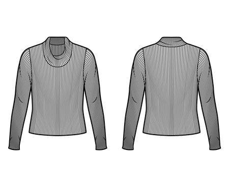 Ribbed cowl turtleneck knit sweater technical fashion illustration with long sleeves, oversized body. Flat sweater apparel template front back grey color. Women men unisex shirt top CAD mockupのイラスト素材