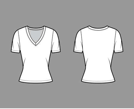 Deep V-neck jersey t-shirt technical fashion illustration with short sleeves, close-fitting shape. Flat top apparel template front, back white color. Women, men, unisex outfit CAD mockupのイラスト素材