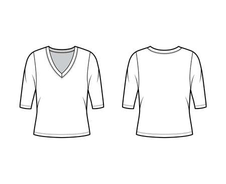 Deep V-neck jersey sweater technical fashion illustration with elbow sleeves, oversized body. Flat shirt apparel template front, back white color. Women, men unisex outfit top CAD mockupのイラスト素材