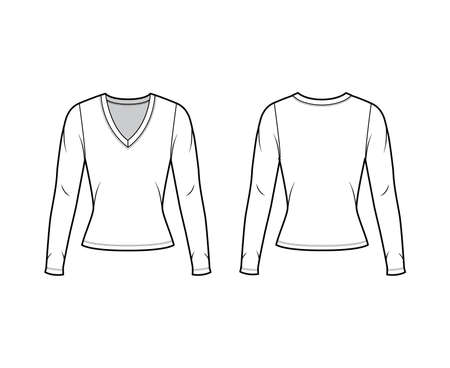 Deep V-neck jersey sweater technical fashion illustration with long sleeves, close-fitting shape. Flat apparel shirt template front, back, white color. Women men, unisex outfit top CAD mockupのイラスト素材