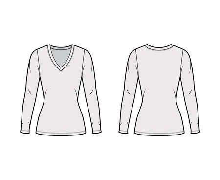 Deep V-neck jersey sweater technical fashion illustration with long sleeves, close-fitting shape tunic length. Flat shirt apparel template front back grey color. Women men unisex outfit top CAD mockupのイラスト素材