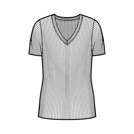 Ribbed V-neck knit sweater technical fashion illustration with short rib sleeves, oversized body tunic length. Flat outwear apparel template front white color. Women men unisex shirt top CAD mockupのイラスト素材