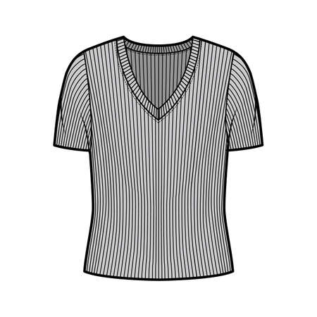 Ribbed V-neck knit sweater technical fashion illustration with short rib sleeves, oversized body. Flat outwear apparel template front, grey color. Women, men unisex shirt top CAD mockupのイラスト素材
