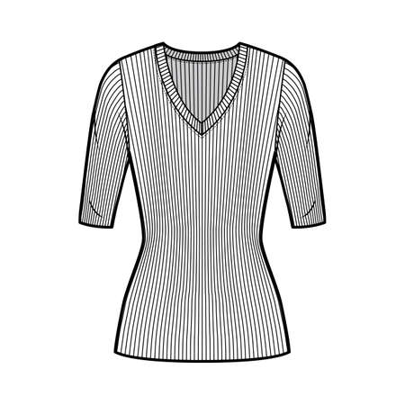 Ribbed V-neck knit sweater technical fashion illustration with elbow sleeves, close-fitting shape, tunic length. Flat outwear apparel template front white color. Women men unisex top CAD mockupのイラスト素材