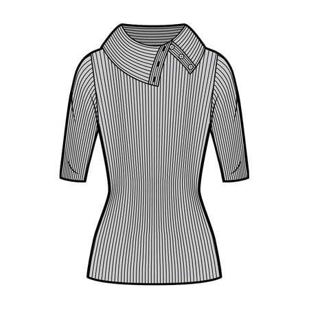 Wide button-up turtleneck ribbed-knit sweater technical fashion illustration with elbow sleeves, close-fitting shape, tunic length. Flat sweater apparel template front, grey color. Women men unisexのイラスト素材