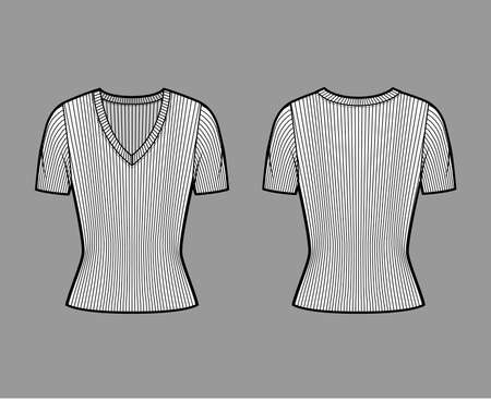 Ribbed V-neck knit sweater technical fashion illustration with short rib sleeves, close-fitting shape. Flat outwear apparel template front, back white color. Women, men, unisex shirt top CAD mockupのイラスト素材