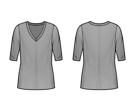 Ribbed V-neck knit sweater technical fashion illustration with elbow sleeves, oversized body, tunic length. Flat outwear apparel template front, back grey color. Women, men unisex shirt top CAD mockupのイラスト素材