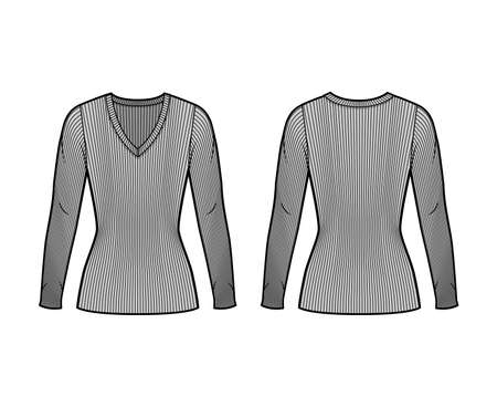 Ribbed V-neck knit sweater technical fashion illustration with long sleeves, close-fitting shape tunic length. Flat outwear apparel template front back grey color. Women men unisex shirt top mockupのイラスト素材