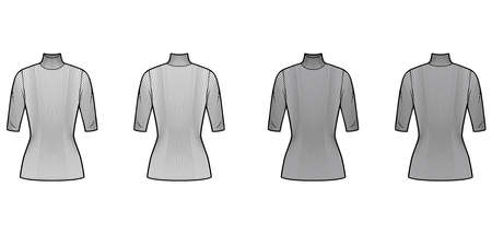 Turtleneck ribbed-knit sweater technical fashion illustration with elbow sleeves, close-fitting shape, tunic length. Flat sweater apparel template front back white grey color. Women men unisex top CADのイラスト素材