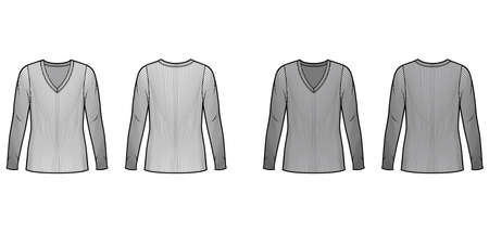 Ribbed V-neck knit sweater technical fashion illustration with long sleeves, oversized body, tunic length. Flat outwear apparel template front back white grey color. Women men unisex shirt top mockupのイラスト素材