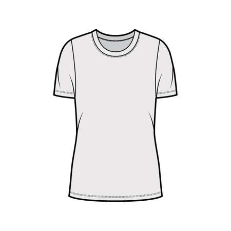 Crew neck jersey t-shirt technical fashion illustration with short sleeves, oversized body, tunic length. Flat sweater apparel template front grey color. Women men unisex outfit top CAD mockupのイラスト素材