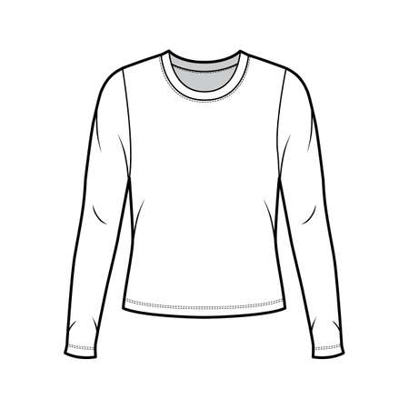 Crew neck jersey sweater technical fashion illustration with long sleeves, oversized body. Flat outwear apparel template front white color. Women men unisex shirt top CAD mockupのイラスト素材