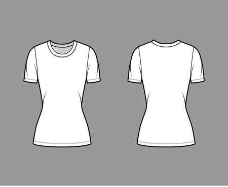 Crew neck jersey t-shirt technical fashion illustration with short sleeves, close-fitting shape, tunic length. Flat sweater apparel template front, back white color. Women, men, unisex outfit top CADのイラスト素材