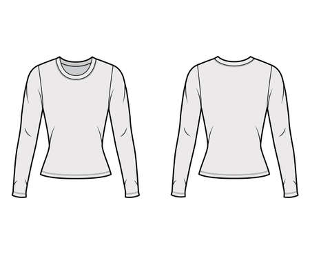 Crew neck jersey sweater technical fashion illustration with long sleeves, close-fitting shape. Flat outwear apparel template front, back grey color. Women men, unisex shirt top CAD mockupのイラスト素材
