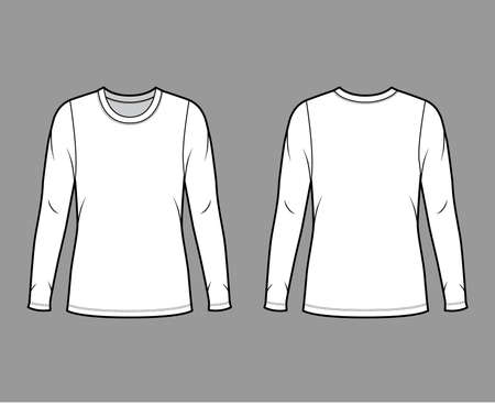 Crew neck jersey sweater technical fashion illustration with long sleeves, oversized body, tunic length. Flat outwear apparel template front back white color. Women men unisex shirt top CAD mockupのイラスト素材