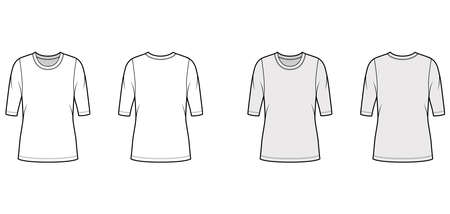 Crew neck jersey sweater technical fashion illustration with elbow sleeves, oversized body, tunic length. Flat outwear apparel template front, back white grey color. Women, men unisex shirt top mockupのイラスト素材