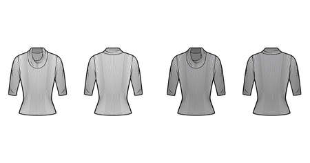 Ribbed cowl turtleneck knit sweater technical fashion illustration with elbow sleeves, close-fitting shape. Flat sweater apparel template front, back white grey color. Women, men unisex shirt top CADのイラスト素材
