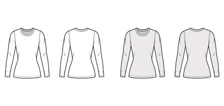 Crew neck jersey sweater technical fashion illustration with long sleeves, close-fitting shape, tunic length. Flat outwear apparel template front back white grey color. Women men unisex shirt top CADのイラスト素材