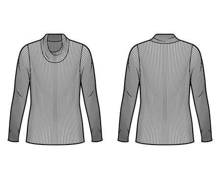 Ribbed cowl turtleneck knit sweater technical fashion illustration with long sleeves, oversized body, tunic length. Flat sweater apparel template front back grey color. Women men unisex shirt top CADのイラスト素材