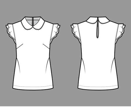 Round collar blouse technical fashion illustration with loose silhouette, flutter sleeve, back button-fastening keyhole. Flat shirt apparel template front back white color. Women, men unisex top CADのイラスト素材