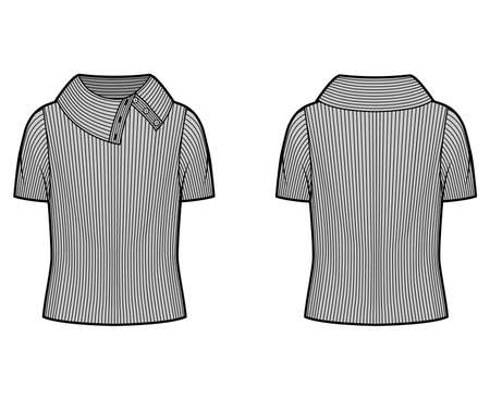 Wide button-up turtleneck ribbed-knit sweater technical fashion illustration with short rib sleeves, oversized body. Flat sweater apparel template front, back grey color. Women, men, unisex shirt topのイラスト素材