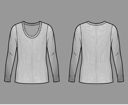 Ribbed scoop neck knit sweater technical fashion illustration with long sleeves, oversized body, tunic length. Flat outwear apparel template front back white color. Women men unisex shirt top CADのイラスト素材