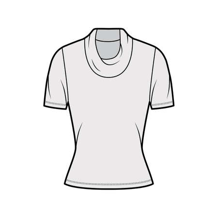 Cowl turtleneck jersey sweater technical fashion illustration with short sleeves, close-fitting shape. Flat outwear apparel template front, grey color. Women, men, unisex t-shirt top CAD mockupのイラスト素材