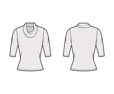 Cowl turtleneck jersey sweater technical fashion illustration with elbow sleeves, close-fitting shape. Flat outwear apparel template front, back grey color. Women, men unisex shirt top CAD mockupのイラスト素材