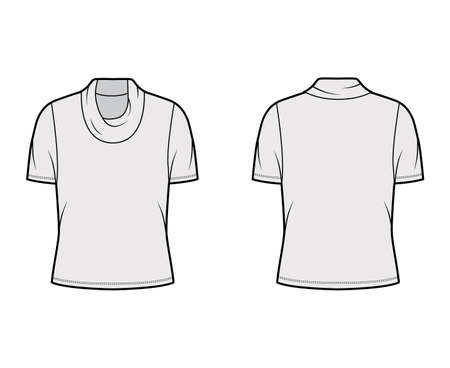 Cowl turtleneck jersey sweater technical fashion illustration with short sleeves, oversized body. Flat outwear apparel template front, back grey color. Women, men unisex shirt top CAD mockupのイラスト素材