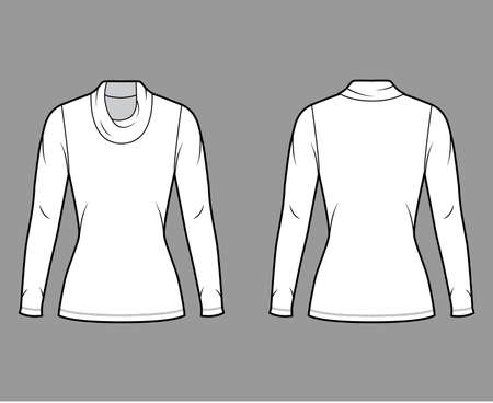 Cowl turtleneck jersey sweater technical fashion illustration with long sleeves, close shape, tunic length. Flat outwear apparel template front back white color. Women men unisex shirt top CAD mockupのイラスト素材