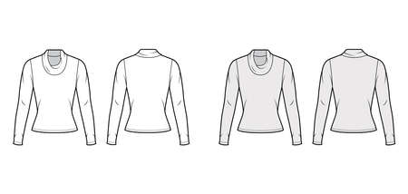 Cowl turtleneck jersey sweater technical fashion illustration with long sleeves, close-fitting shape. Flat outwear apparel template front, back white grey color. Women men, unisex shirt top CAD mockupのイラスト素材