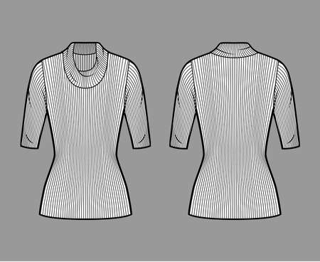 Ribbed cowl turtleneck knit sweater technical fashion illustration with elbow sleeves, close-fitting shape, tunic length. Flat sweater apparel template front back white color. Women men unisex top CADのイラスト素材