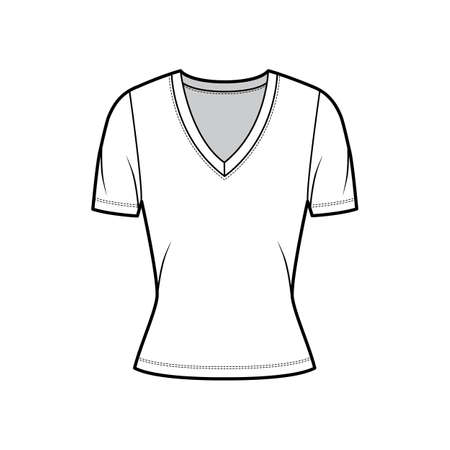 Deep V-neck jersey t-shirt technical fashion illustration with short sleeves, close-fitting shape. Flat top apparel template front, white color. Women, men, unisex outfit CAD mockupのイラスト素材