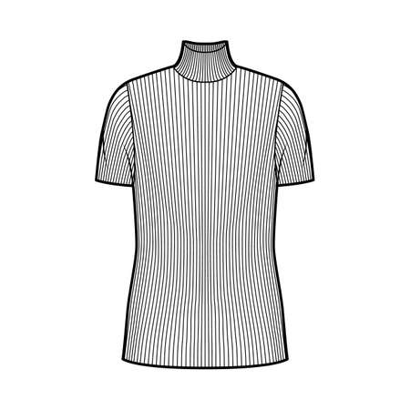Turtleneck ribbed-knit sweater technical fashion illustration with short rib sleeves, oversized body, tunic length. Flat sweater apparel template front white color. Women, men, unisex shirt top mockupのイラスト素材