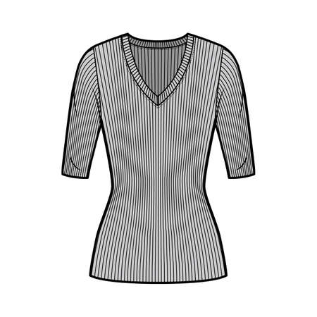 Ribbed V-neck knit sweater technical fashion illustration with elbow sleeves, close-fitting shape, tunic length. Flat outwear apparel template front grey color. Women men unisex top CAD mockupのイラスト素材