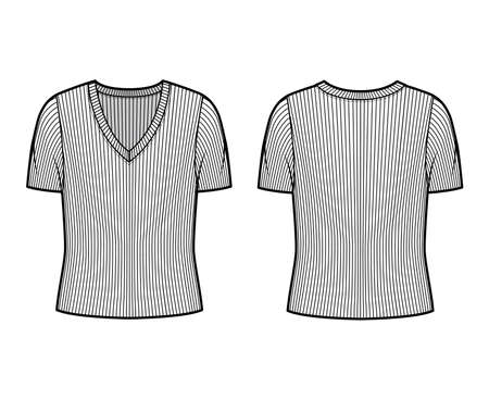 Ribbed V-neck knit sweater technical fashion illustration with short rib sleeves, oversized body. Flat outwear apparel template front, back white color. Women, men unisex shirt top CAD mockupのイラスト素材
